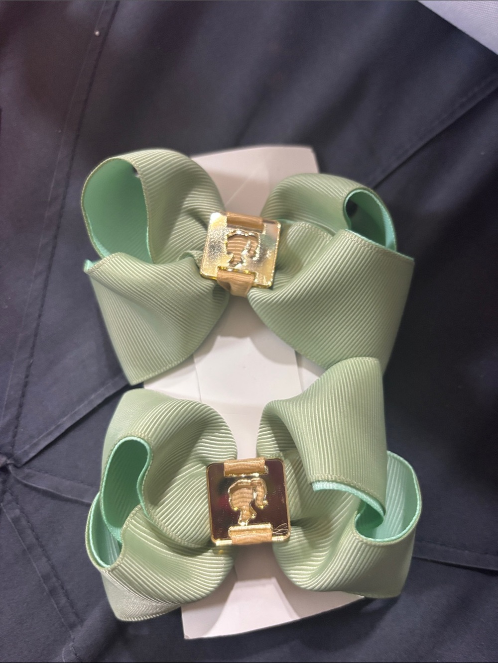 Mint Green Grosgrain Bow Hair Clips with Gold Emblem
